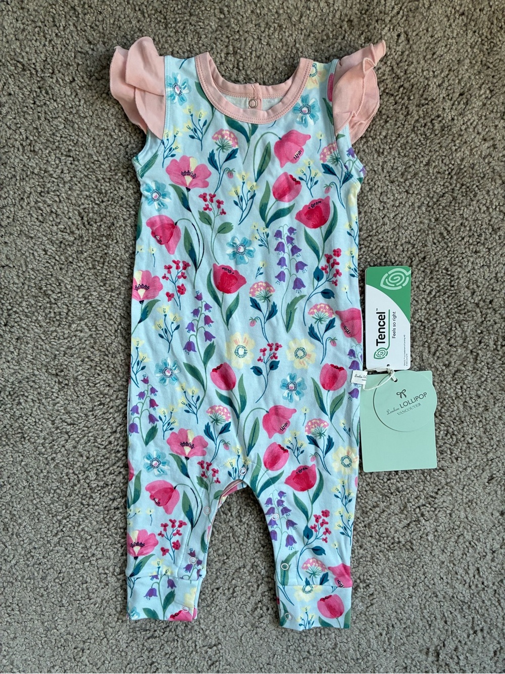 Loulou Lollipop Floral Baby Romper - Pink Trim & Light Blue Base